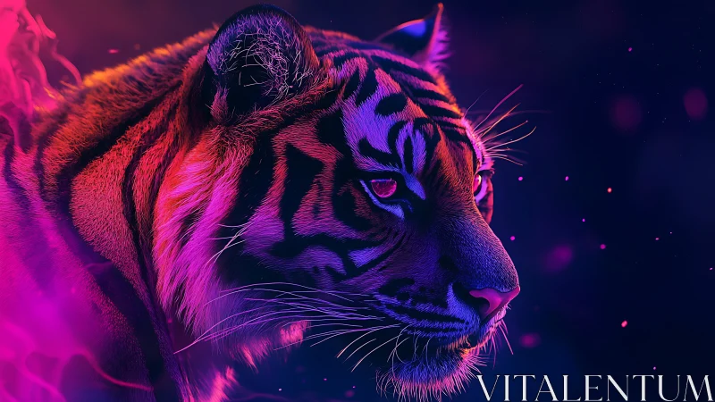 Neon dusk crowns a tiger’s quiet, electric contemplation