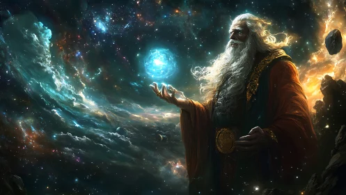 Elder figure holding glowing orb within cosmic landscape.