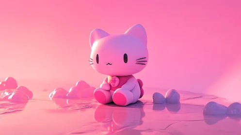 Sweet pastel kitty toy sits calmly in a dreamy pink glow