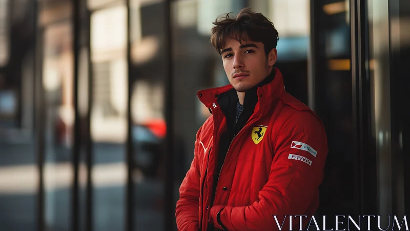 Young man in red Ferrari jacket near glass building.