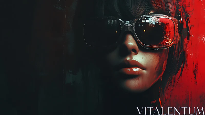 Cybernetic woman in reflective goggles under crimson light.