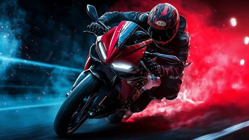 Racing superbike cuts through neon smoke in a night sprint