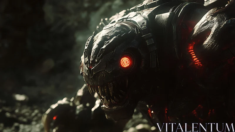 Cybernetic creature close-up with glowing red eye in dark.