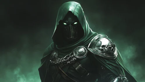 Cloaked specter knight in emerald misted battlefield portrait.
