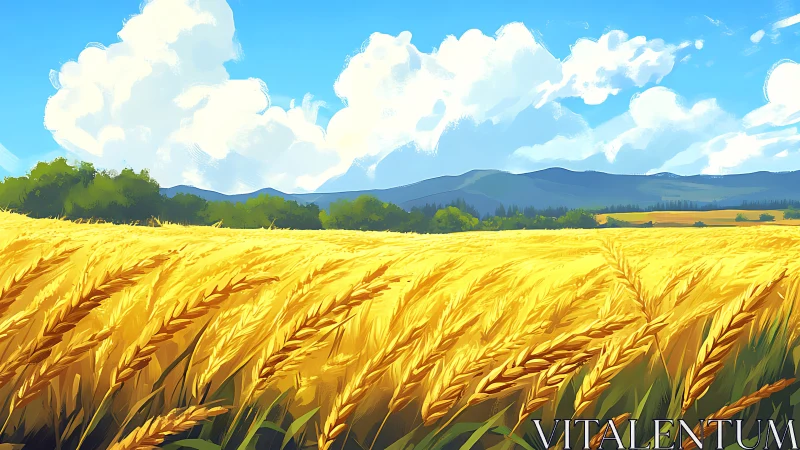 Sunlit wheat field under bright summer sky illustration.
