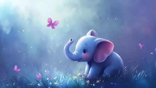 Tiny twilight elephant trades secrets with drifting butterflies