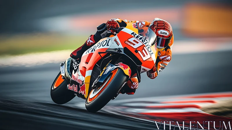 Motorcycle racer leaning into high-speed cornering maneuver.