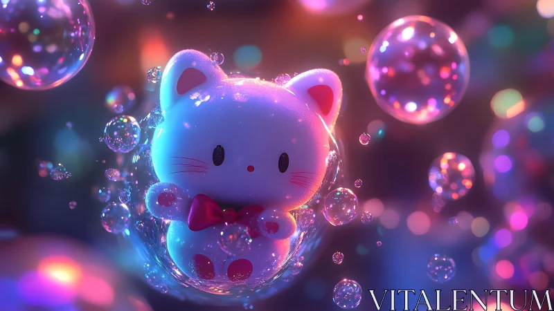 Cute Cartoon Cat Surrounded by Colorful Bubbles, Dreamy Lighting.
