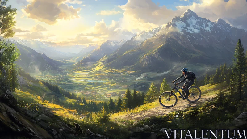 Mountain Trail Cyclist Soaring Through Alpine Wilderness at Golden Hour