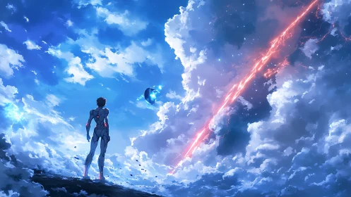 Skybound warrior watches a burning comet carve the clouds