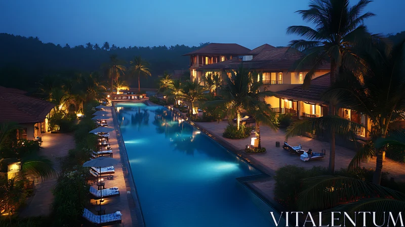 Luxury resort pool glows under serene tropical twilight
