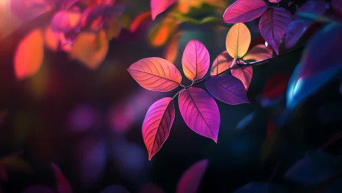 Neon-tinted leaves glow against deep blurred forest bokeh