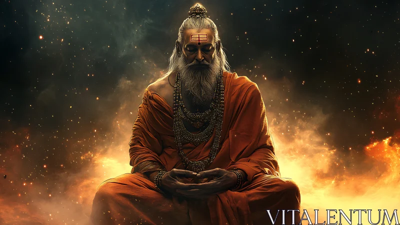 Cosmic sage meditating in blazing celestial nebula glow.