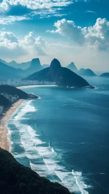 Sunlit Brazilian coast curves beneath misty blue mountains
