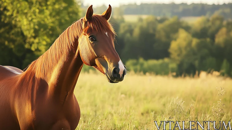 Chestnut horse gazes over a sunlit summer meadow calmly.