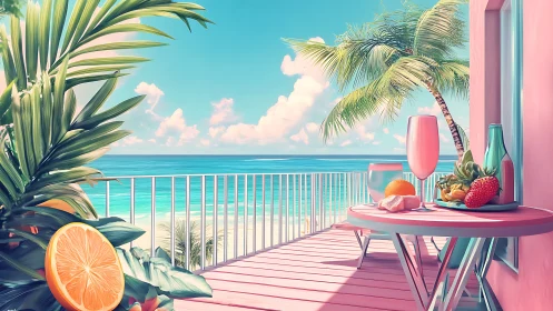 Sunlit beach balcony with fruity drinks and pastel charm.