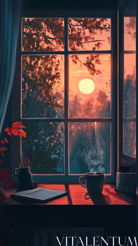 Gentle sunset workspace with steaming coffee and quiet trees.