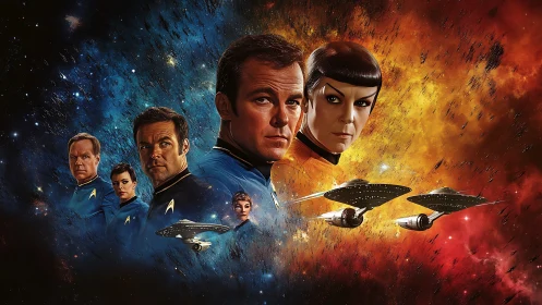 Starfleet officers and starships positioned in divided nebula