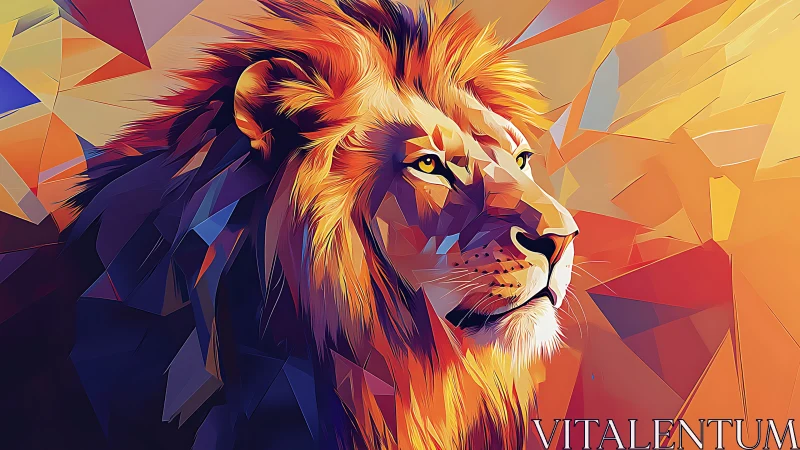 Geometric lion portrait in prismatic low poly abstraction.