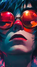 Chromatic close-up portrait with reflective neon lenses.