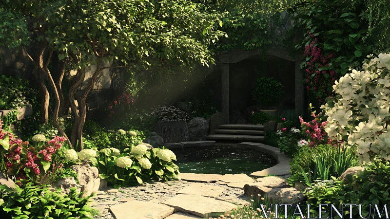 Shaded stone garden with pond and surrounding flowers.