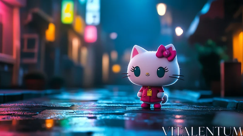 Tiny night cat strolls through neon-lit rainy side street.