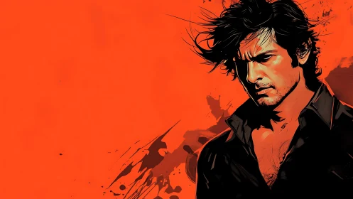 Storm-eyed drifter framed in blazing vermillion silence.