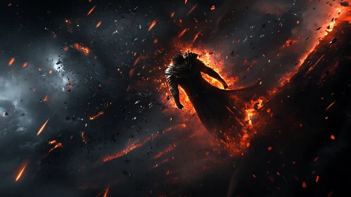 Volcanic singularity warrior in incandescent detonation field.