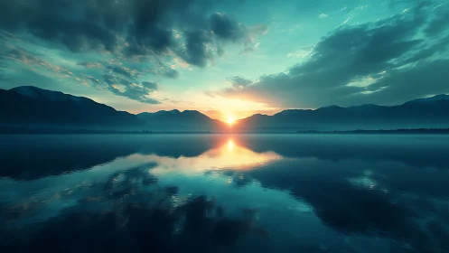 Sunrise drapes teal serenity across mirrored mountain lake.