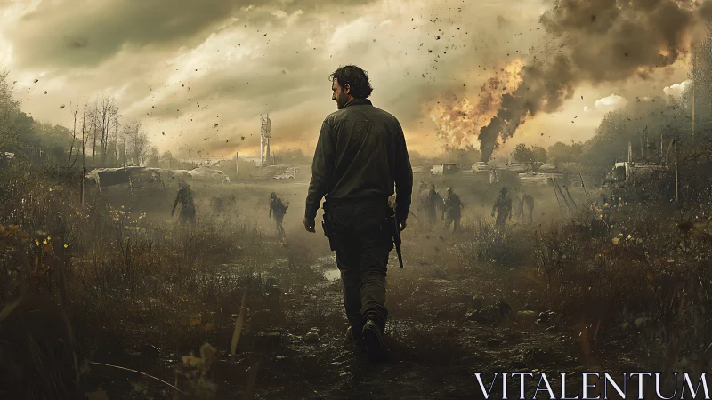 Solitary armed figure in ruined landscape with distant fire.