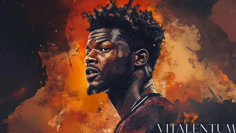 Dynamic basketball portrait amid blazing abstract clouds.