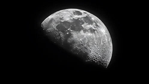 Detailed lunar surface close-up in stark black space.