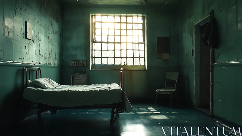Soft sunlight drifts into a quiet, timeworn hospital room