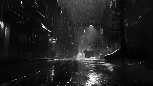 Rain-drenched city alley glows under stark streetlights.