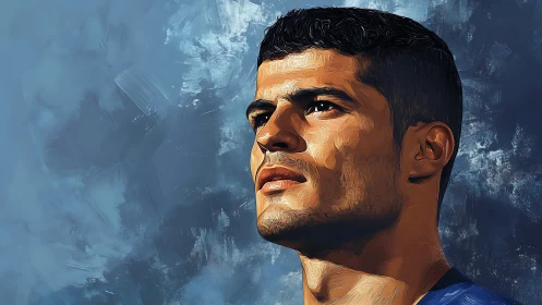 Digital portrait of determined man against textured blue sky.