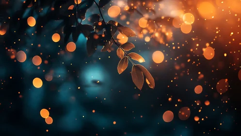 Autumn leaves and glowing bokeh lights in dreamy, magical style.