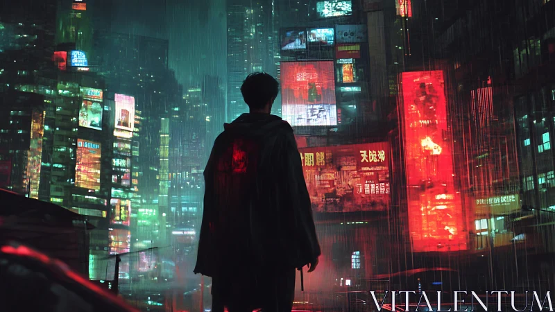 Lone figure in neon rain within dense cyberpunk skyline.