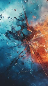 Shattered glass pane captured mid-impact with blue and orange light