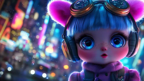 Neon city chibi girl with headphones and glossy blue hair