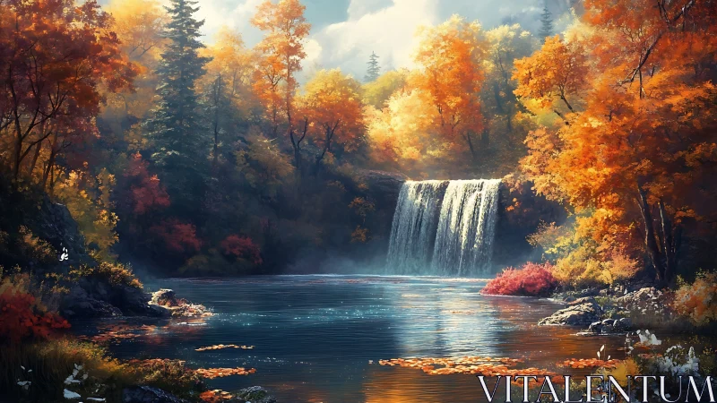 Waterfall flows into calm river surrounded by dense autumn forest