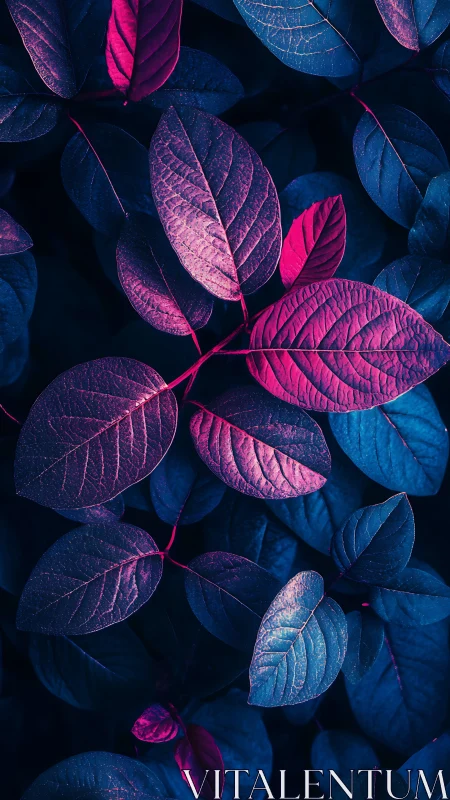 Neon-duotone macro foliage study renders sculpted leaf forms