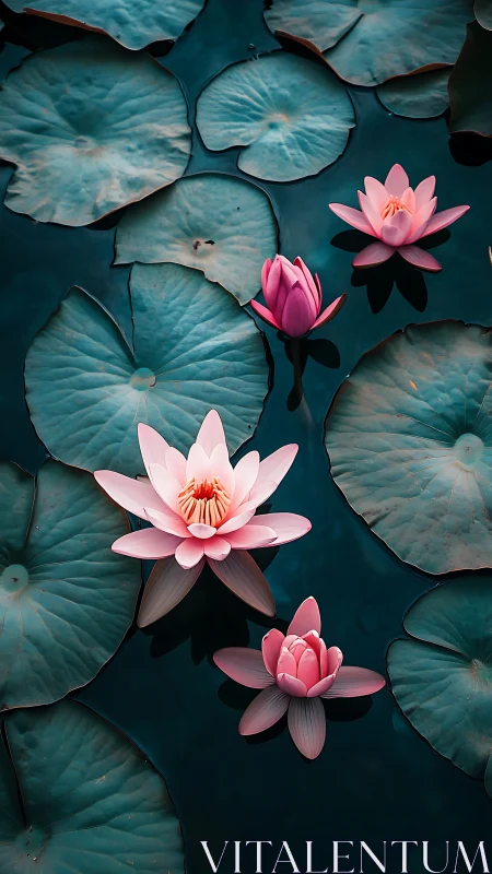 Pink Water Lilies Floating Among Teal Lily Pads.