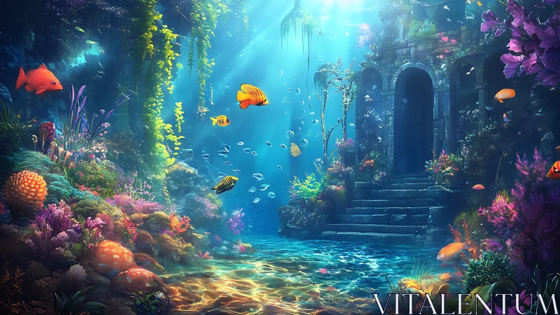 Sunlit coral ruins cradle a tranquil, enchanted seascape