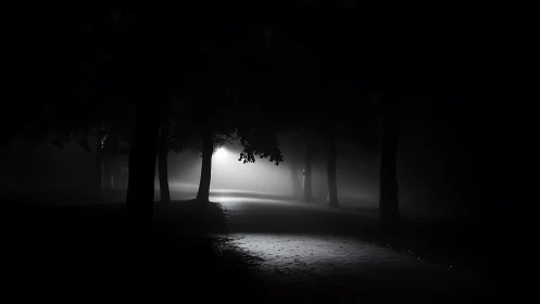 Nocturnal park path in volumetric fog with backlit trees.