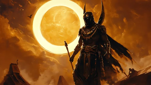 Armored Egyptian sun deity before blazing solar portal