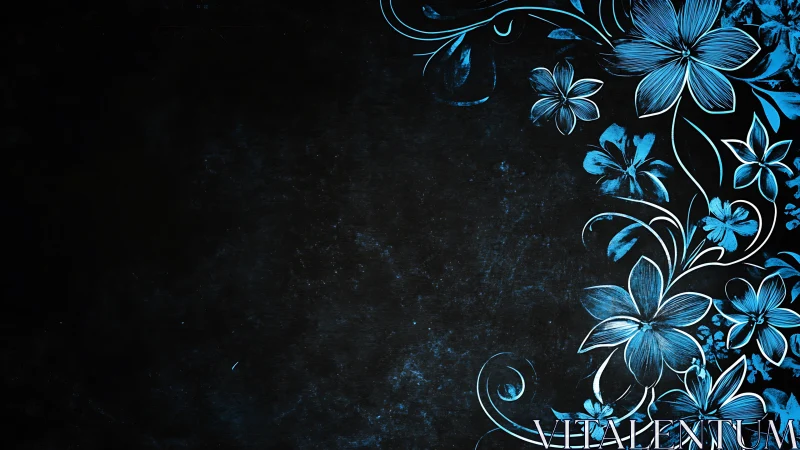 Blue Ornamental Flowers on Black Textured Background.