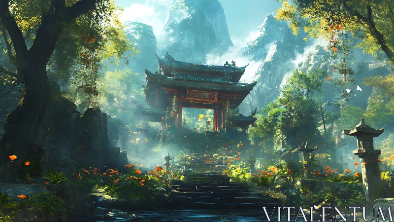 Sunlit mountain shrine gateway wrapped in misty forest calm.