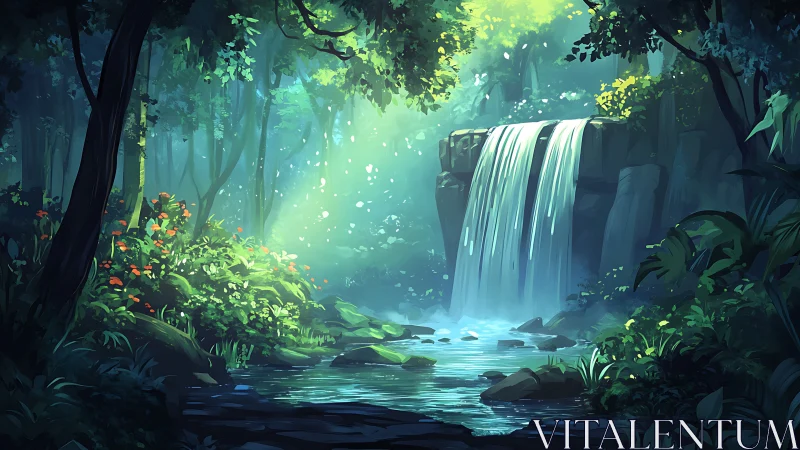 Enchanted Forest Waterfall Hidden in Glowing Mist