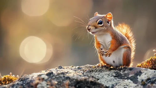 Curious red squirrel glows softly in golden forest light.