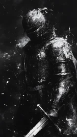 Monochrome armored knight silhouette with distressed paint texture